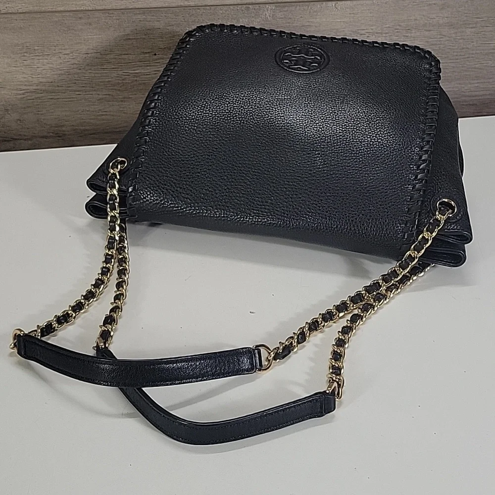 Tory Burch Flap Front Pebble Black Leather Shoulder Bag with Gold Chain-Strap